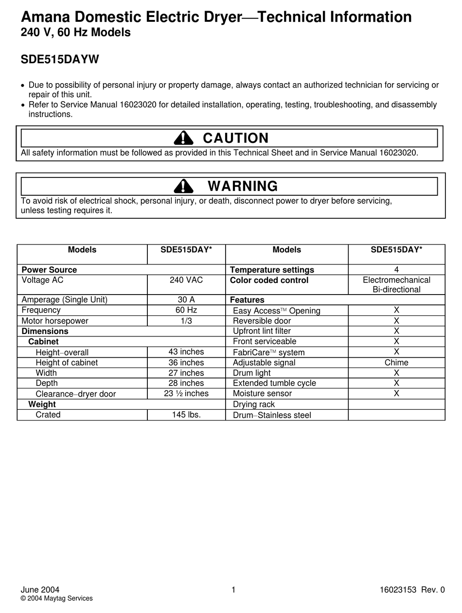 AMANA SDE515DAYW TECHNICAL INFORMATION Pdf Download ManualsLib