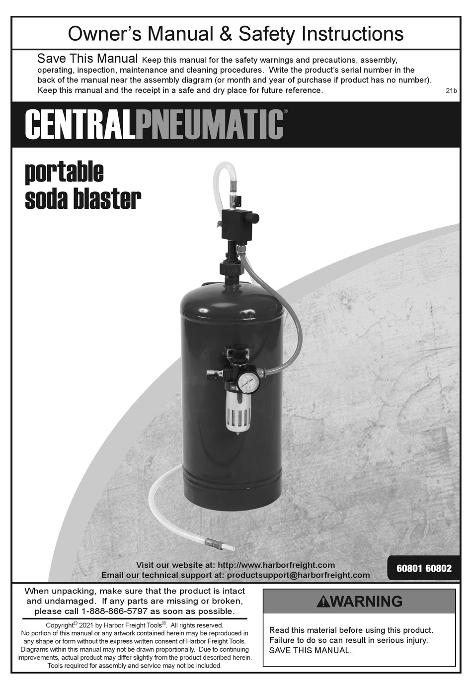 Harbor Freight Tools Centralpneumatic 60801 Owners Manual And Safety Instructions Pdf Download 