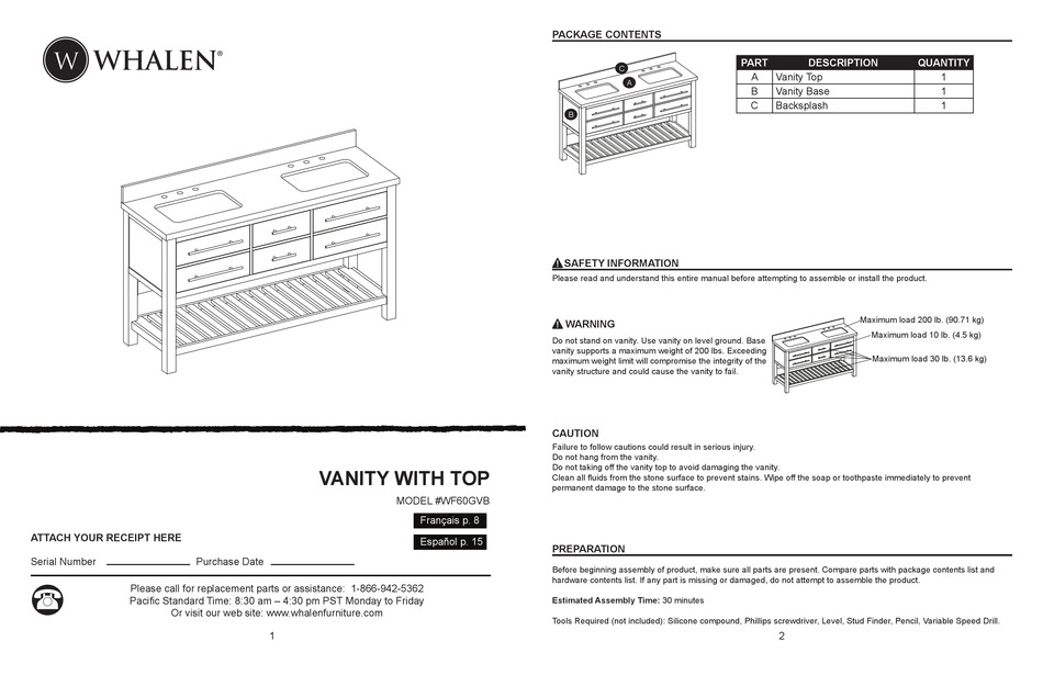 WHALEN WF60GVB ASSEMBLY INSTRUCTIONS MANUAL Pdf Download ManualsLib