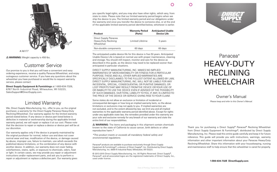 DIRECT SUPPLY PANACEA A6177 OWNER'S MANUAL Pdf Download ManualsLib