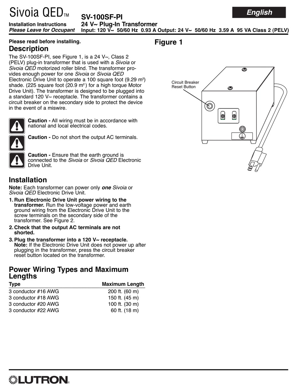 LUTRON ELECTRONICS SIVOIA QED SV-100SF-PI INSTALLATION INSTRUCTIONS ...