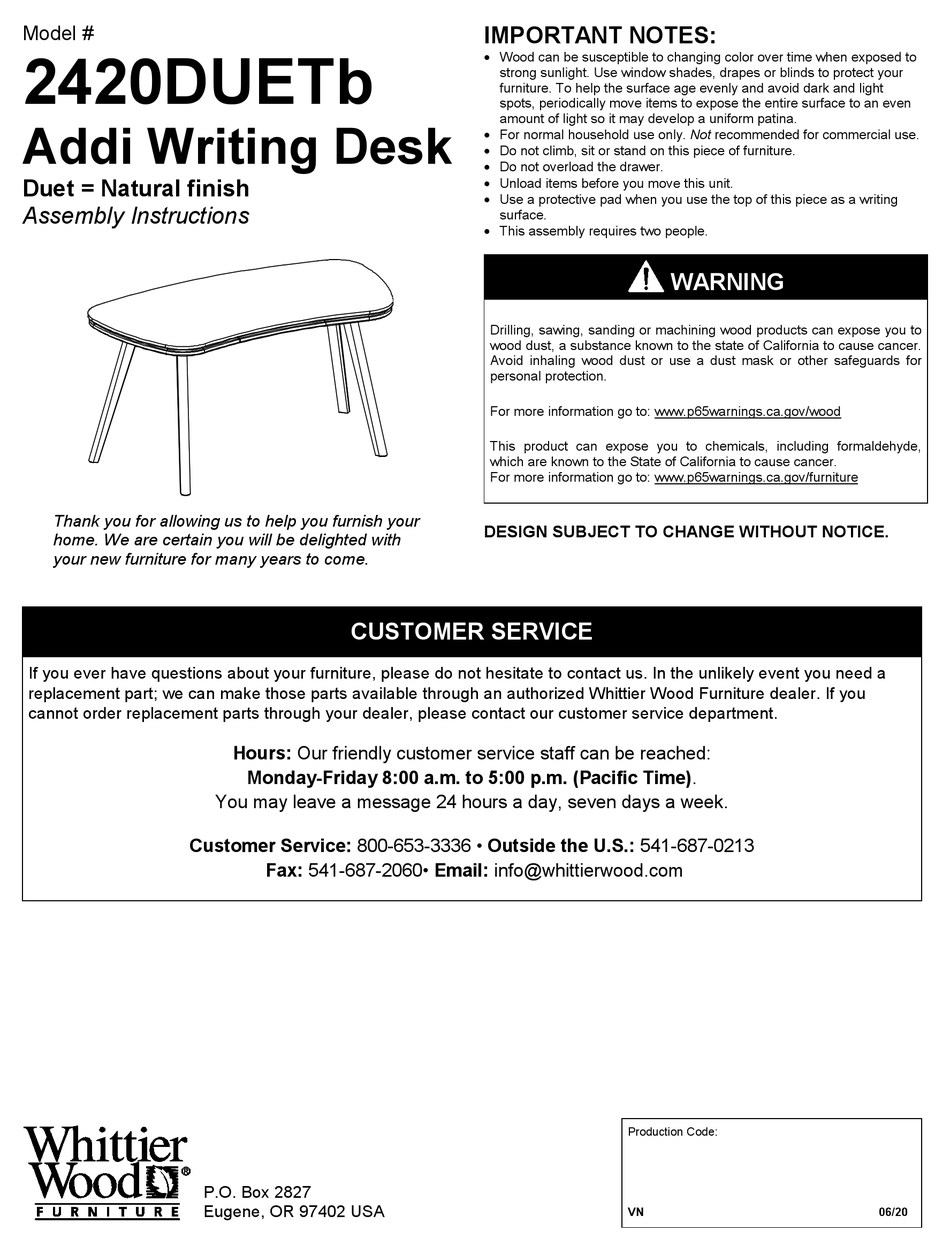 WHITTIER WOOD FURNITURE ADDI 2420DUETB ASSEMBLY INSTRUCTIONS Pdf