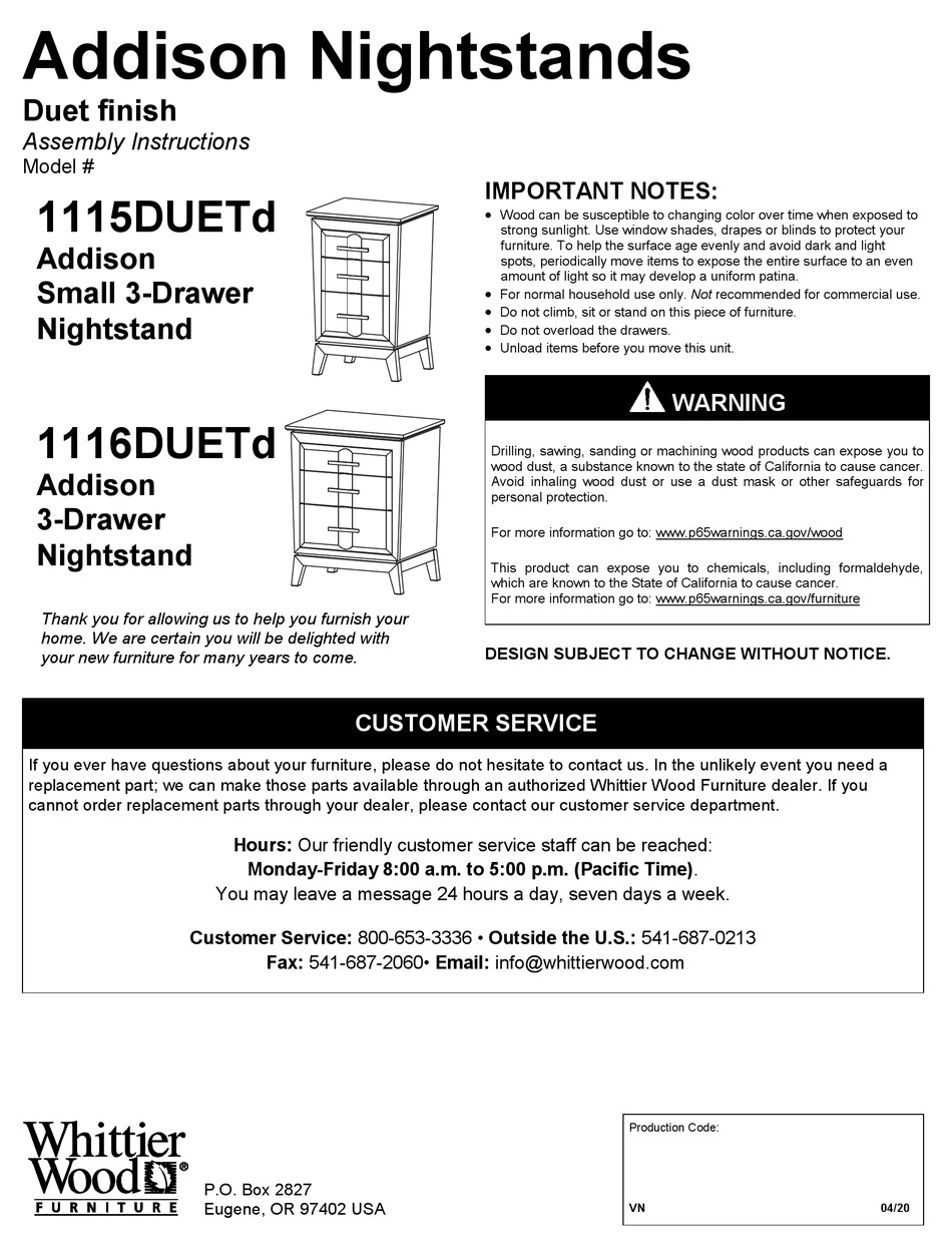 WHITTIER WOOD FURNITURE ADDISON 1115DUETD ASSEMBLY INSTRUCTIONS Pdf Download ManualsLib