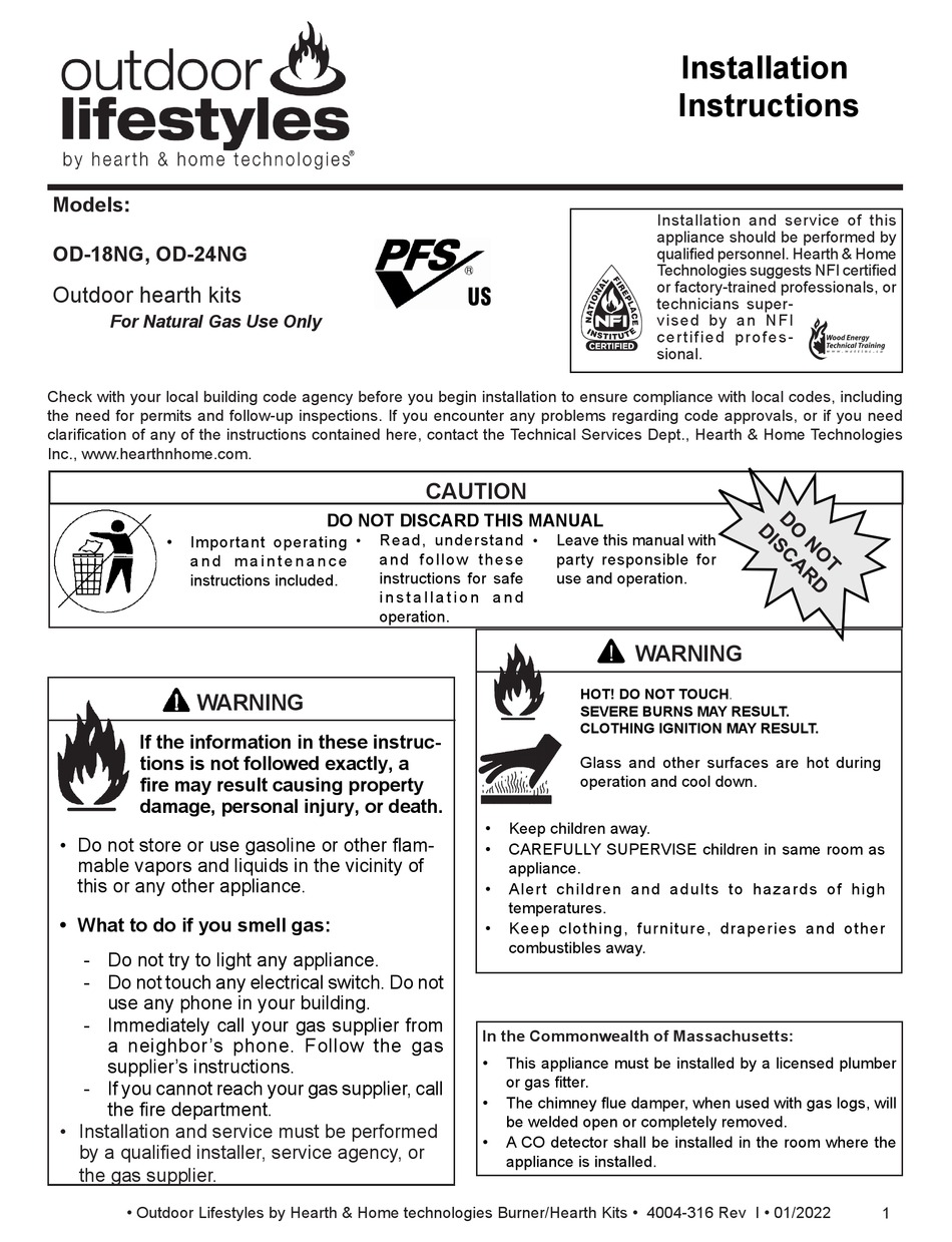 HEARTH AND HOME TECHNOLOGIES OUTDOOR LIFESTYLES OD18NG INSTALLATION