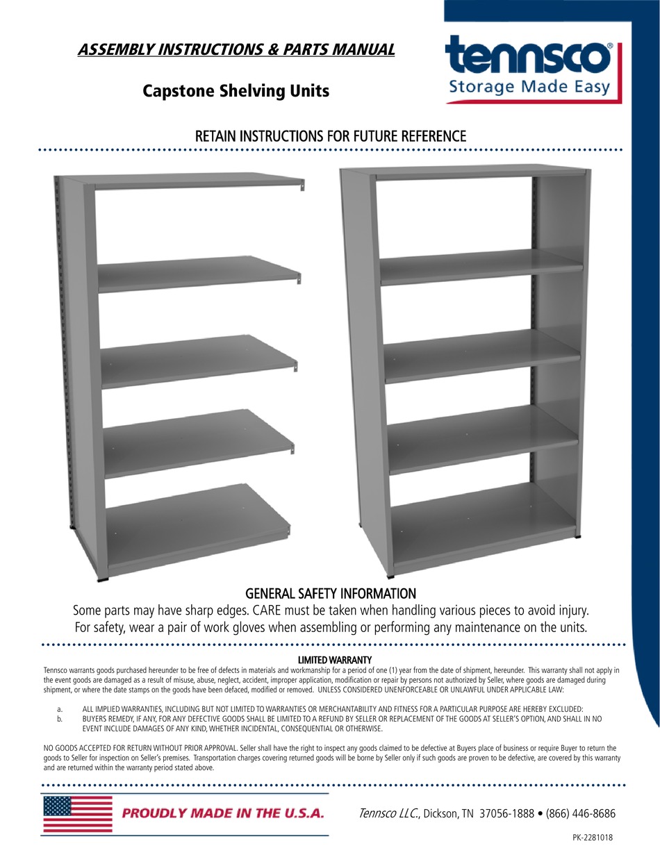 TENNSCO CAPSTONE SHELVING UNITS ASSEMBLY INSTRUCTIONS/PARTS MANUAL Pdf