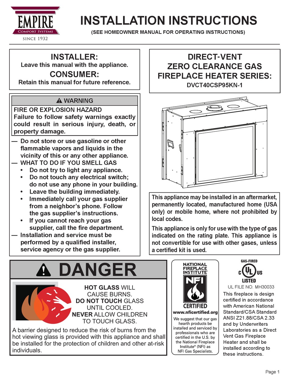 EMPIRE COMFORT SYSTEMS DVCT40CSP95KN-1 SERIES INSTALLATION INSTRUCTIONS ...