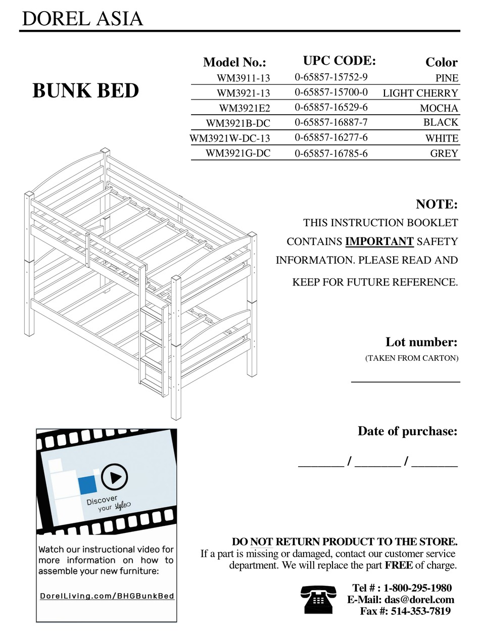 DOREL ASIA BUNK BED WM391113 MANUAL Pdf Download ManualsLib