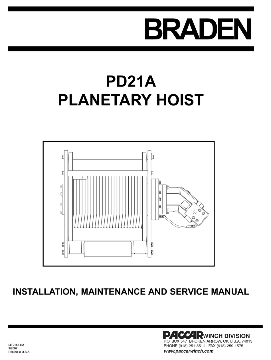 PACCAR WINCH BRADEN PD21A SERIES INSTALLATION MAINTENANCE AND SERVICE
