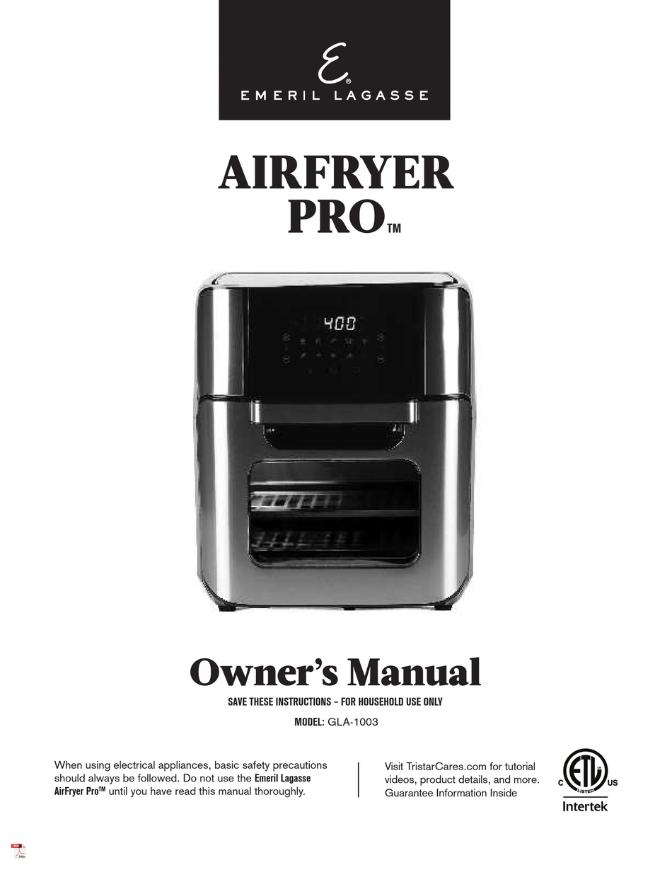 EMERIL LAGASSE AIRFRYER PRO GLA-1003 OWNER'S MANUAL Pdf Download ...