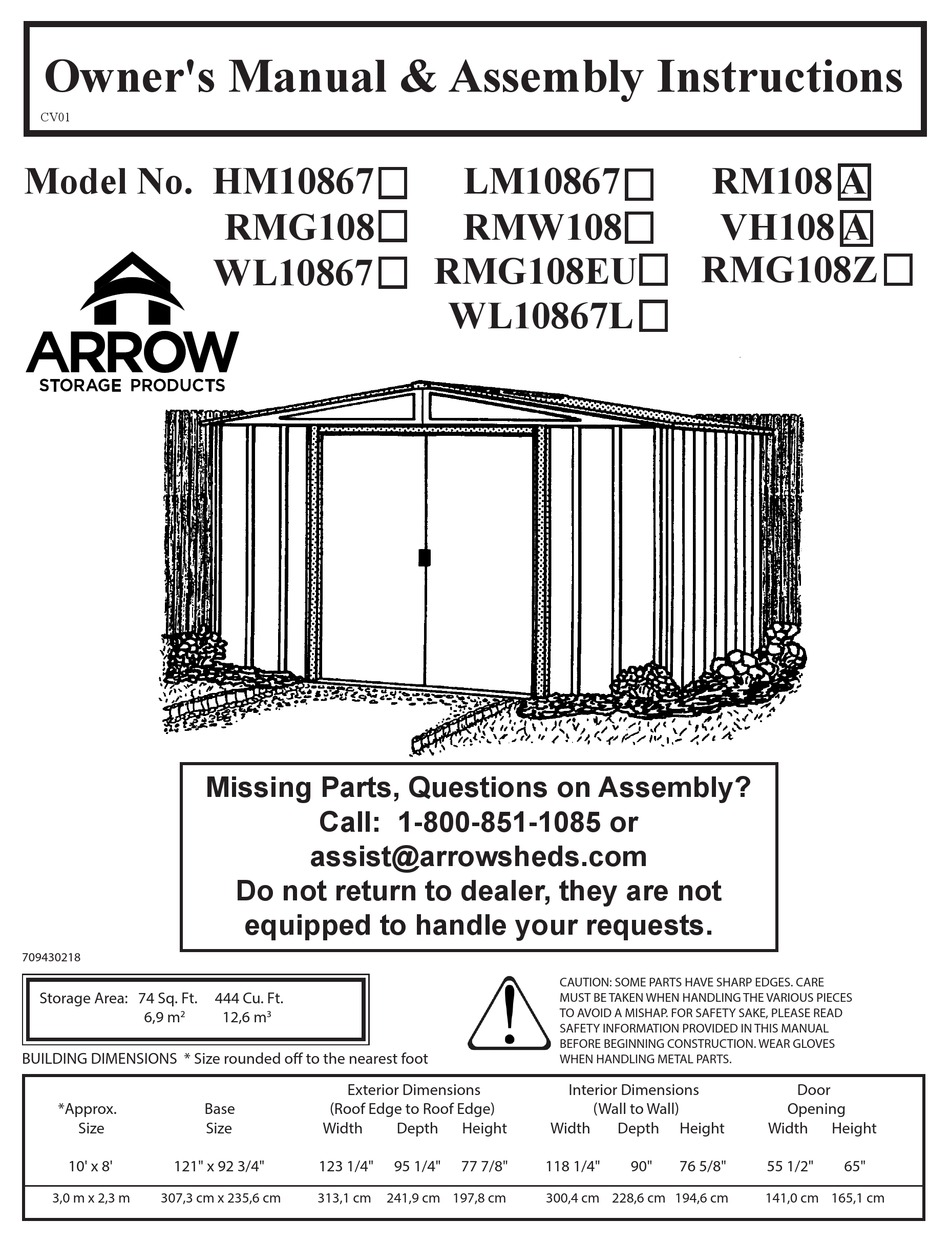 ARROW STORAGE PRODUCTS HM10867 OWNER'S MANUAL & ASSEMBLY INSTRUCTIONS ...