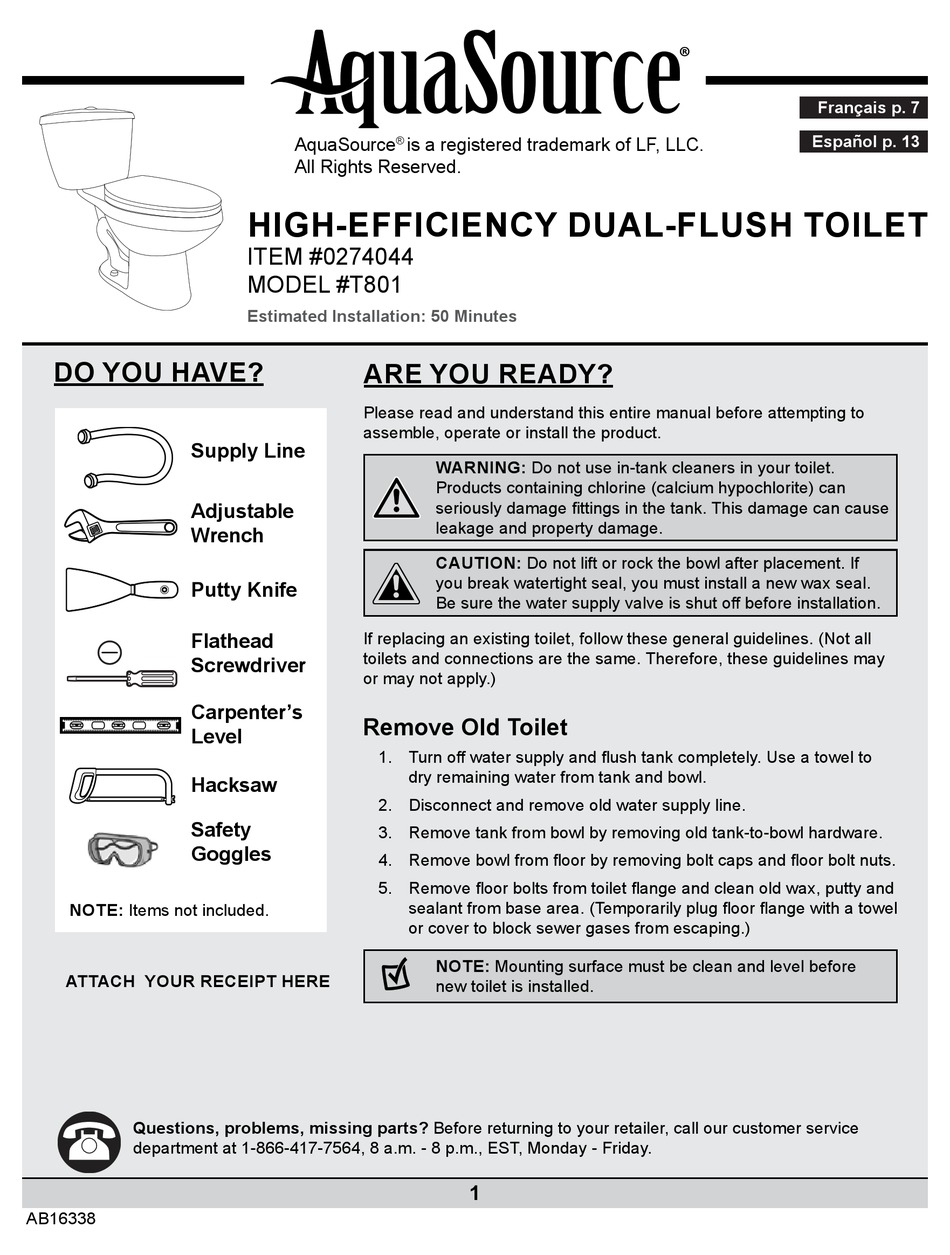 AQUASOURCE T801 0274044 MANUAL Pdf Download ManualsLib