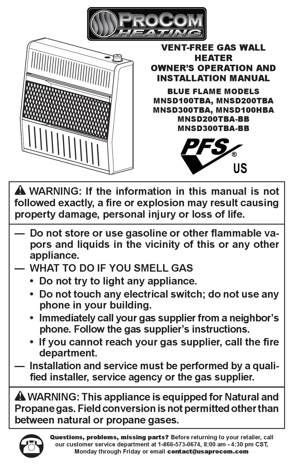 PROCOM BLUE FLAME MNSD100TBA OWNER'S OPERATION AND INSTALLATION MANUAL Pdf  Download | ManualsLib