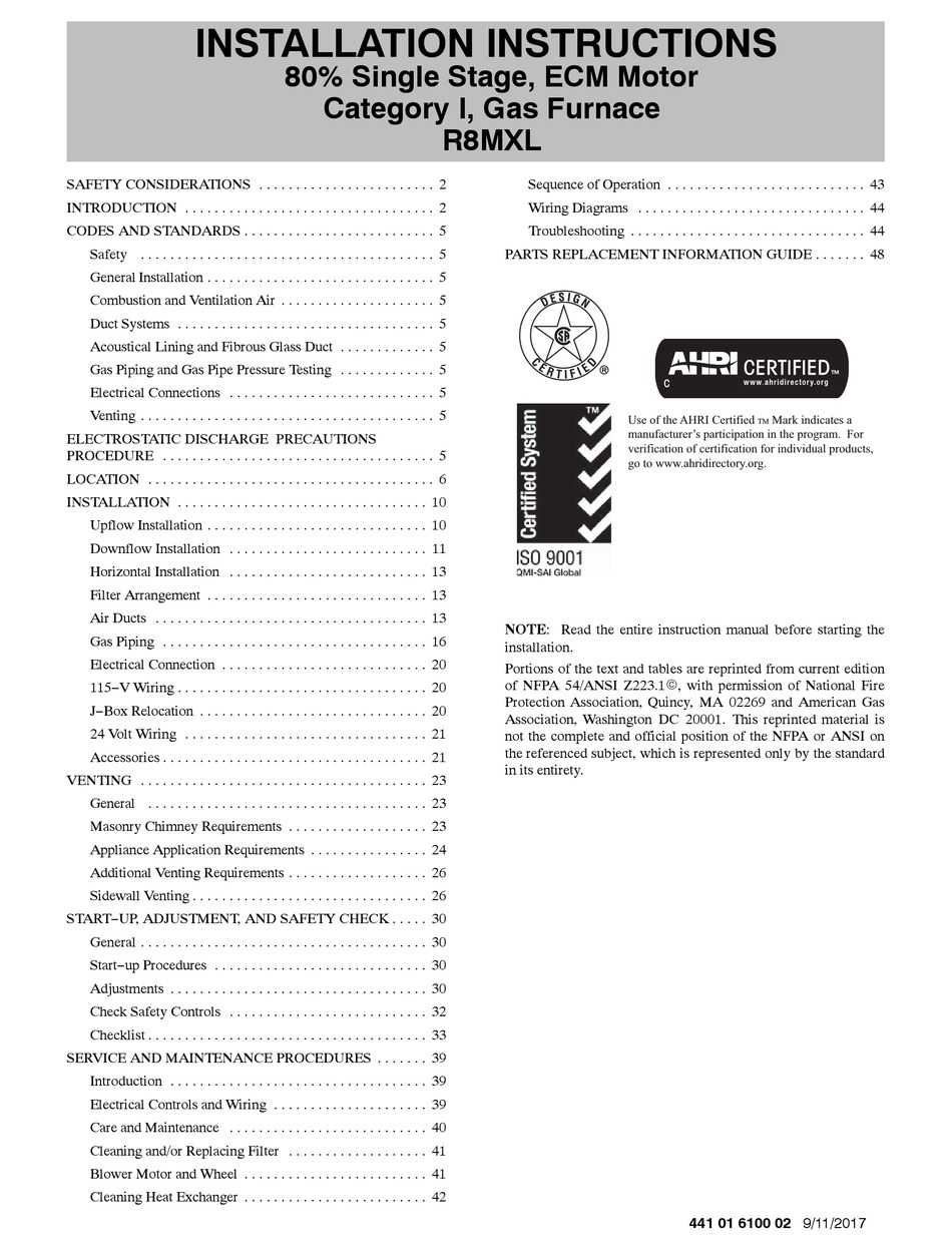INTERNATIONAL COMFORT PRODUCTS R8MXL SERIES INSTALLATION INSTRUCTIONS