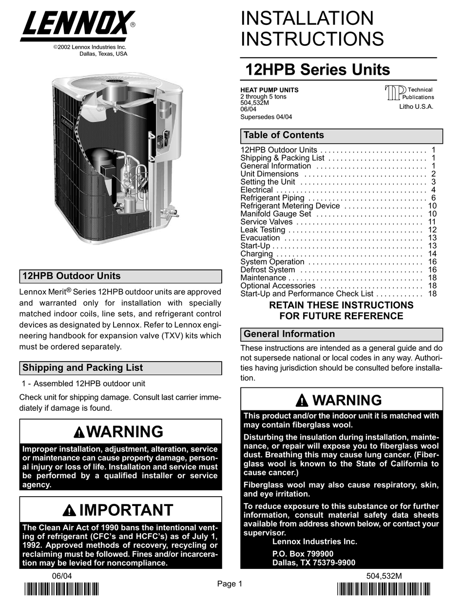 LENNOX 12HPB SERIES INSTALLATION INSTRUCTIONS MANUAL Pdf Download