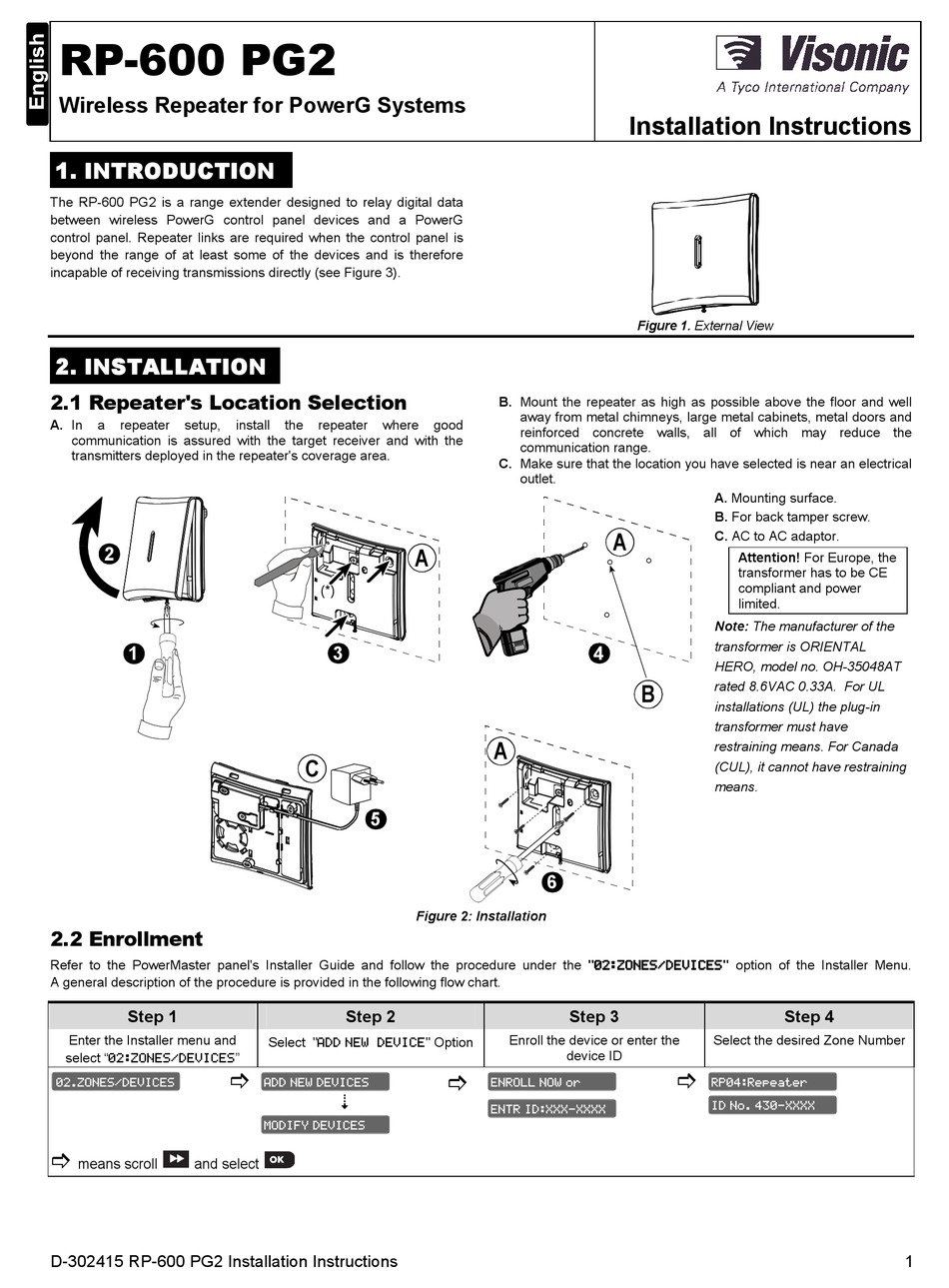 TYCO VISONIC RP-600 PG2 INSTALLATION INSTRUCTIONS Pdf Download | ManualsLib