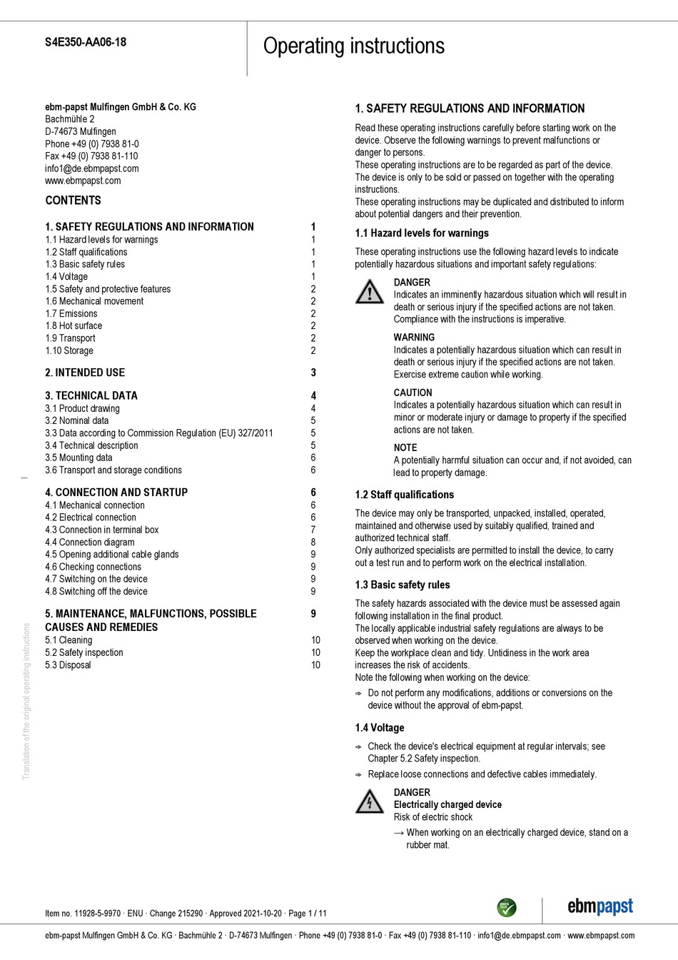 EBM-PAPST S4E350-AA06-18 OPERATING INSTRUCTIONS MANUAL Pdf Download ...