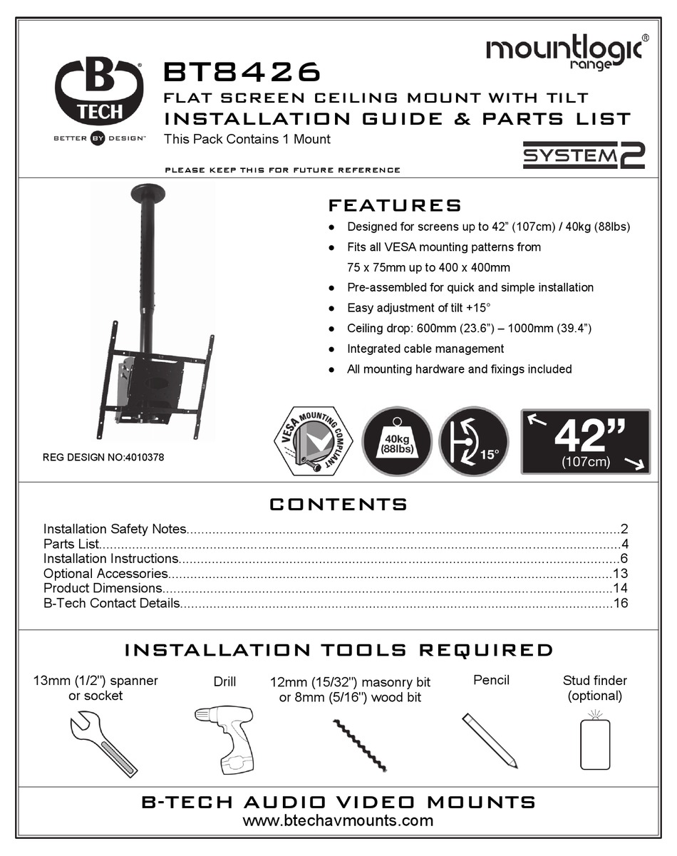 B-TECH MOUNTLOGIC RANGE BT8426 INSTALLATION MANUAL & PARTS LIST Pdf ...