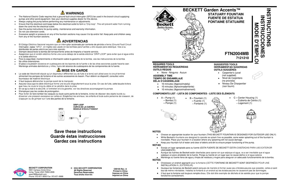 BECKETT GARDEN ACCENTS FTN2004MB INSTRUCTIONS Pdf Download ManualsLib