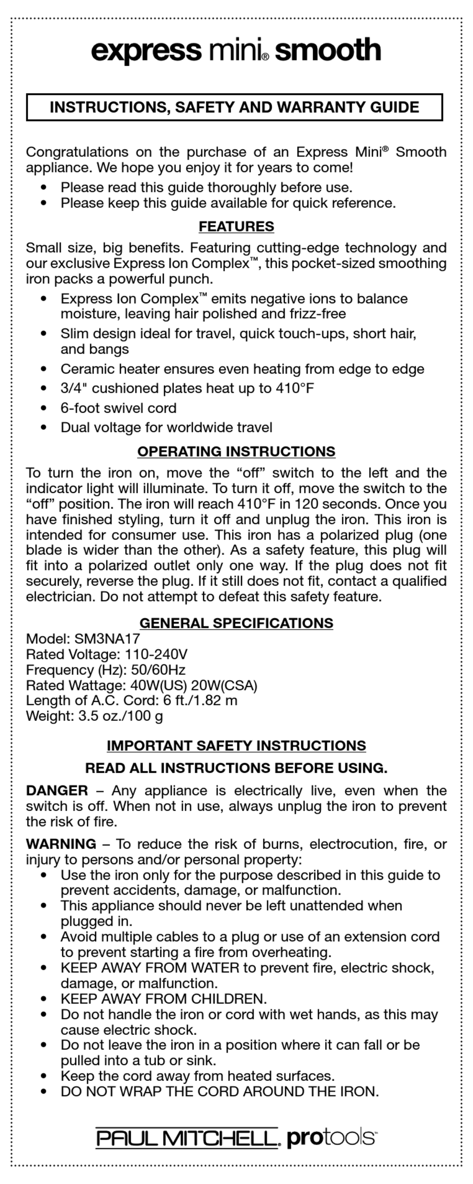 PAUL MITCHELL PROTOOLS EXPRESS MINI SMOOTH SM3NA17 INSTRUCTIONS, SAFETY