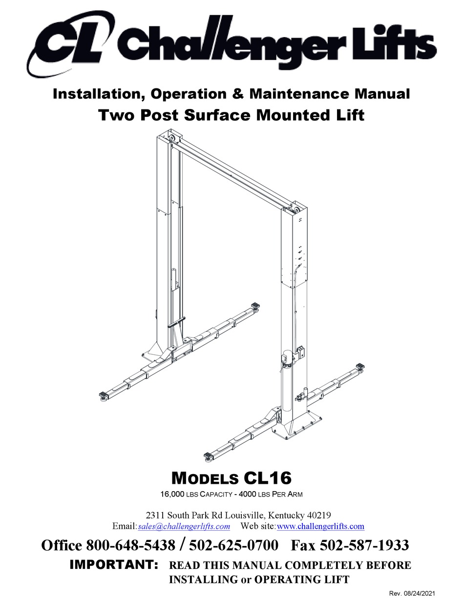 CHALLENGER LIFTS CL16 SERIES INSTALLATION, OPERATION AND MAINTENANCE