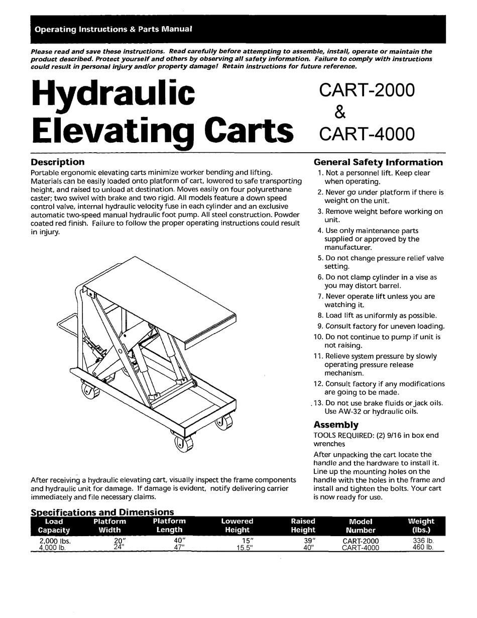 VESTIL CART2000 OPERATING INSTRUCTIONS & PARTS MANUAL Pdf Download