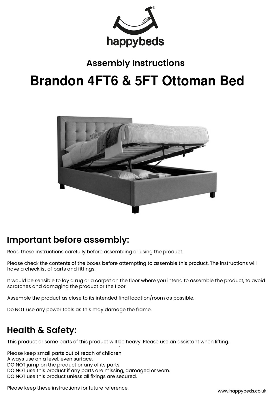 HAPPYBEDS BRANDON 4FT6 OTTOMAN BED ASSEMBLY INSTRUCTIONS MANUAL Pdf