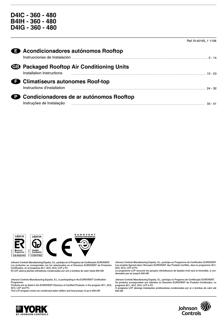 JOHNSON CONTROLS YORK D4IC 360 INSTALLATION INSTRUCTIONS MANUAL Pdf