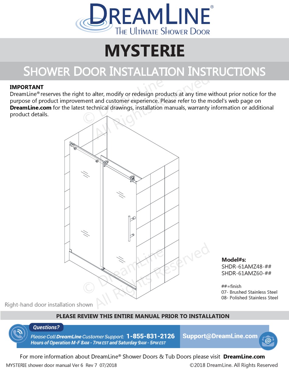 DREAMLINE MYSTERIE SHDR61AMZ48 SERIES INSTALLATION INSTRUCTIONS MANUAL