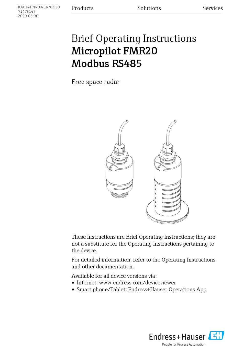 ENDRESS+HAUSER MICROPILOT FMR20 BRIEF OPERATING INSTRUCTIONS Pdf
