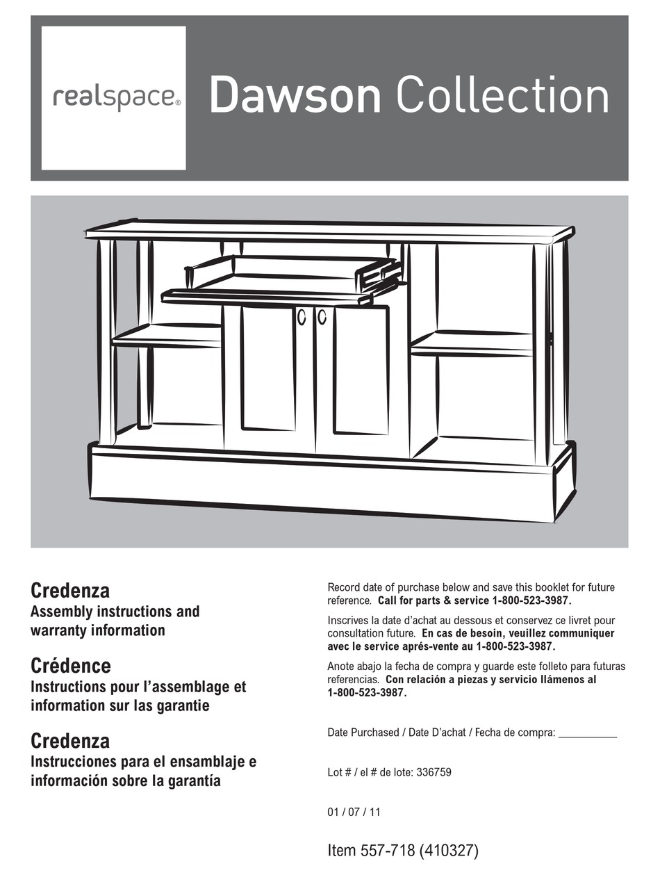 REALSPACE DAWSON CREDENZA ASSEMBLY INSTRUCTIONS AND WARRANTY