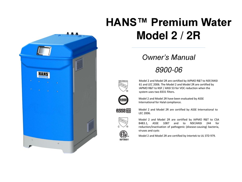 HANS PREMIUM WATER 2 OWNER'S MANUAL Pdf Download ManualsLib
