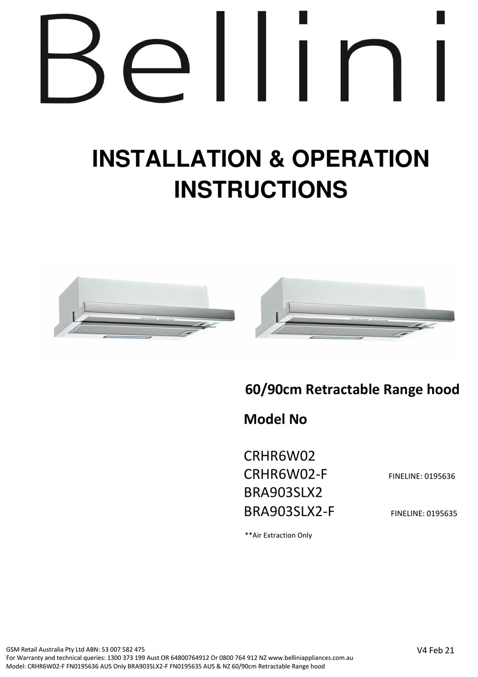 BELLINI CRHR6W02 INSTALLATION & OPERATION INSTRUCTIONS Pdf Download
