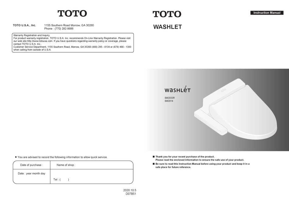 TOTO WASHLET SW R INSTRUCTION MANUAL Pdf Download ManualsLib