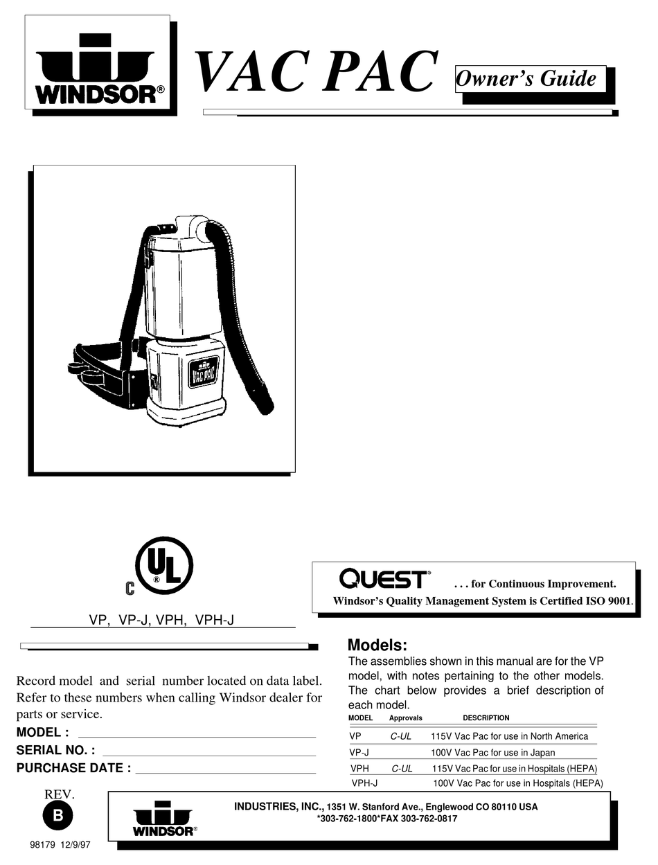 WINDSOR VAC PAC VP OWNER'S MANUAL Pdf Download ManualsLib