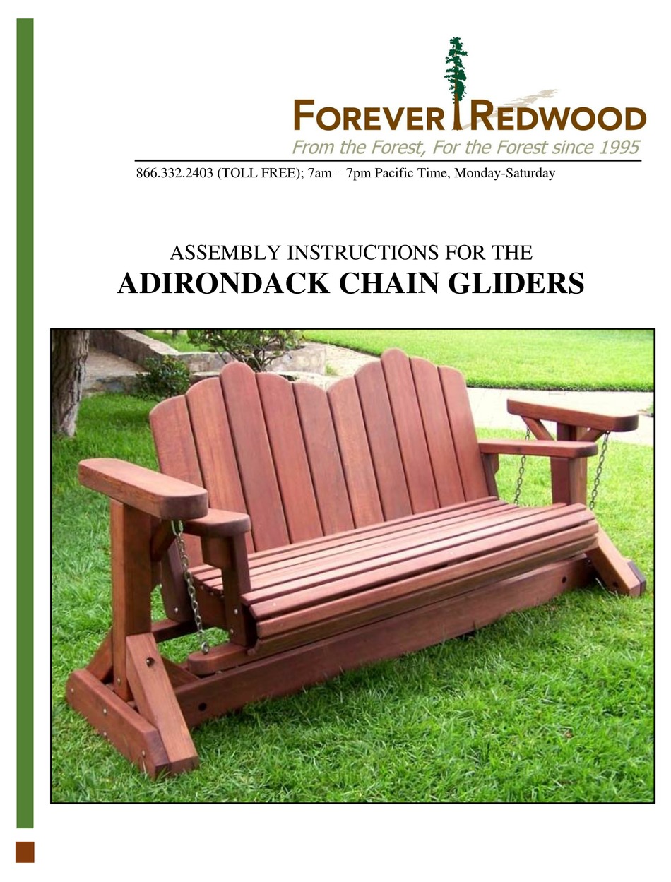 FOREVER REDWOOD ADIRONDACK CHAIN GLIDERS ASSEMBLY INSTRUCTIONS MANUAL