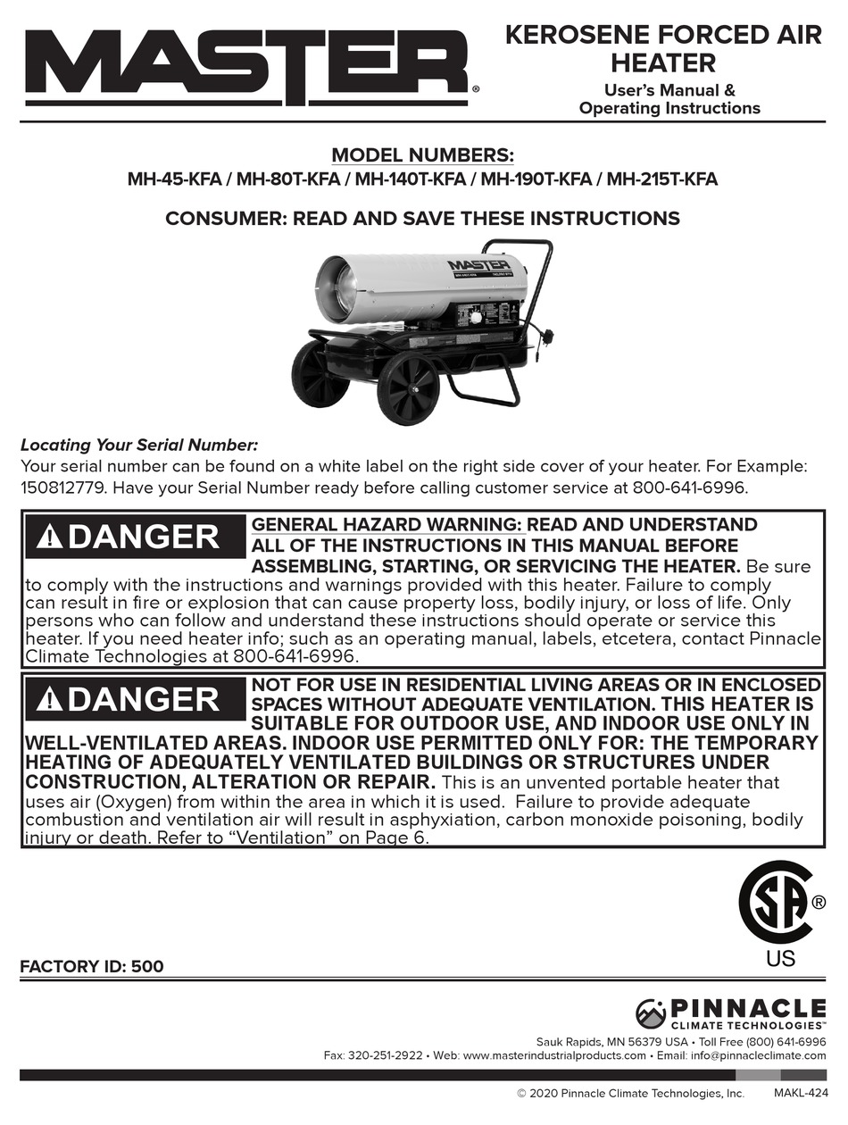 pinnacle-climate-technologies-master-mh-45-kfa-user-s-manual-operating-instructions-pdf