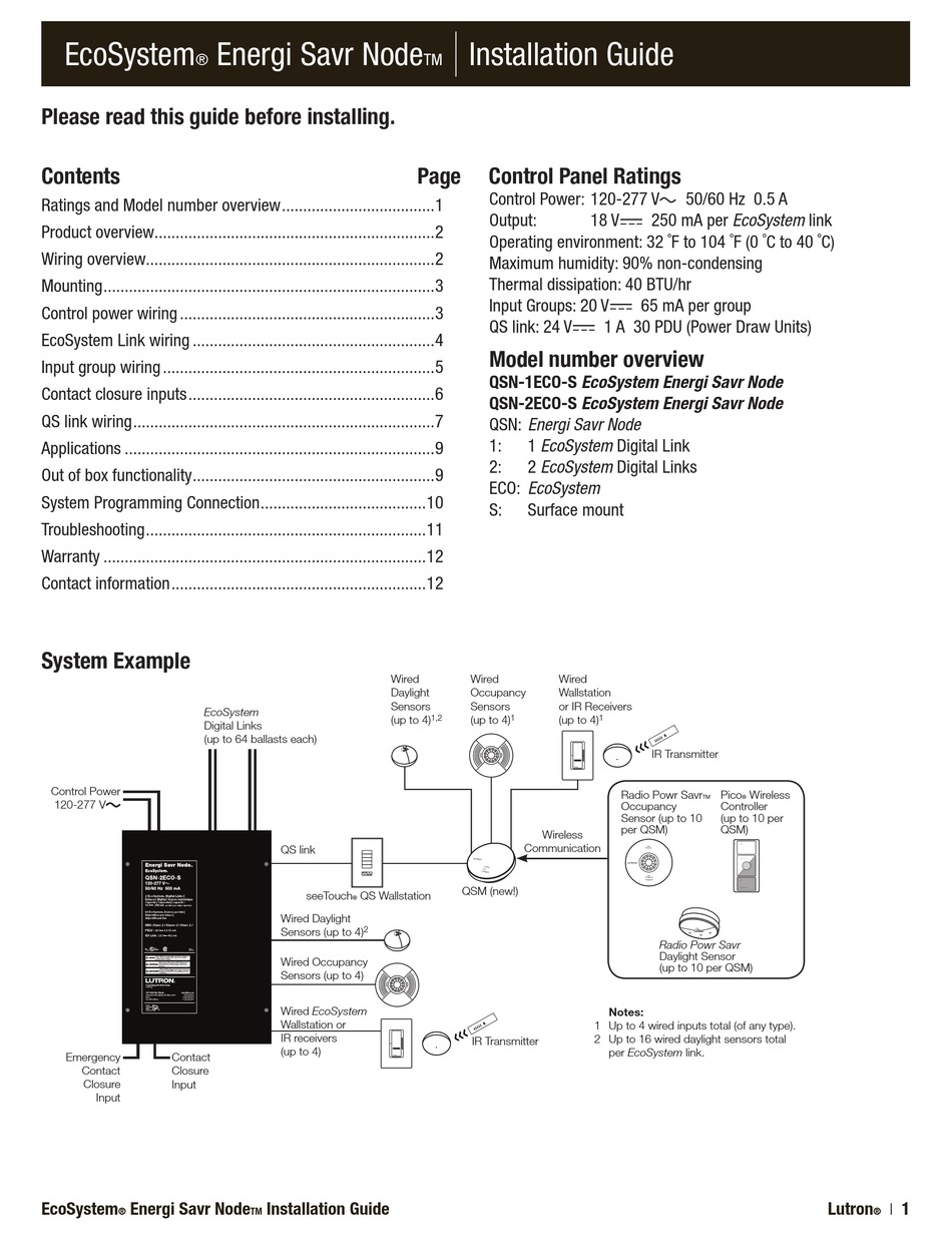 LUTRON ELECTRONICS ECOSYSTEM ENERGI SAVR NODE INSTALLATION MANUAL Pdf ...