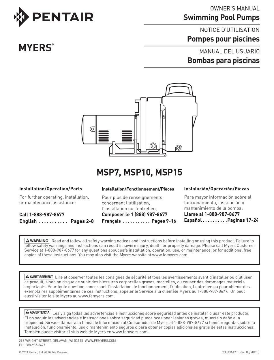 Pentair Myers Msp Owner S Manual Pdf Download Manualslib