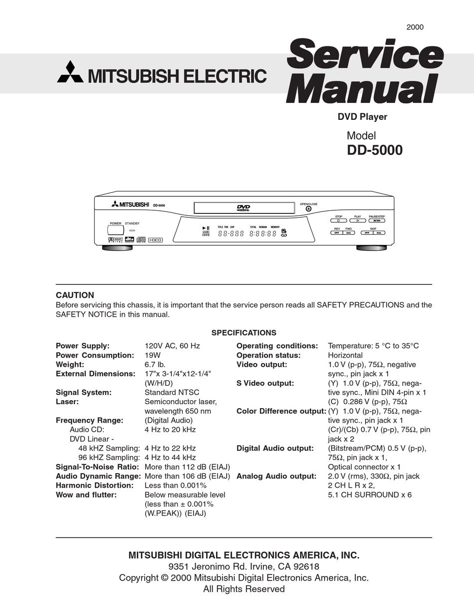 MITSUBISHI ELECTRIC DD5000 SERVICE MANUAL Pdf Download ManualsLib
