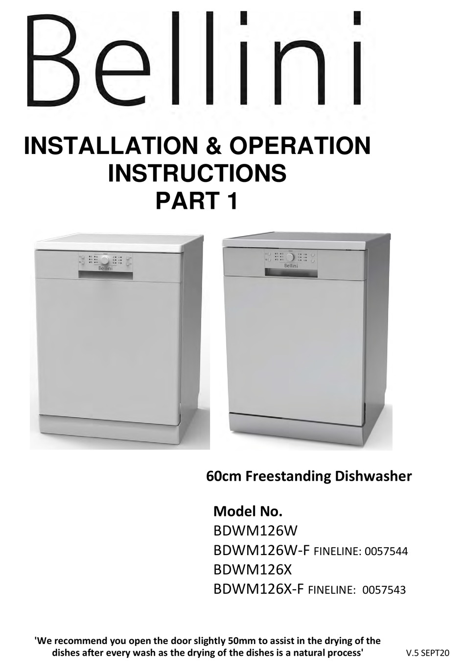 GSM BELLINI BDWM126W INSTALLATION & OPERATION INSTRUCTIONS Pdf Download