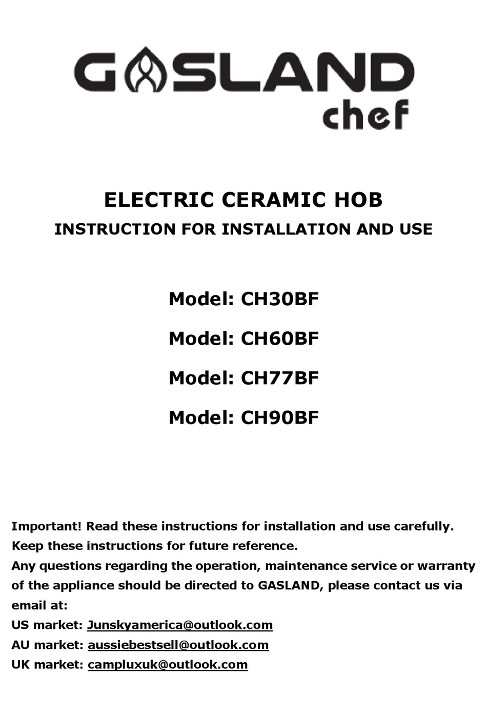 GASLAND CHEF CH30BF INSTRUCTIONS FOR INSTALLATION AND USE MANUAL Pdf
