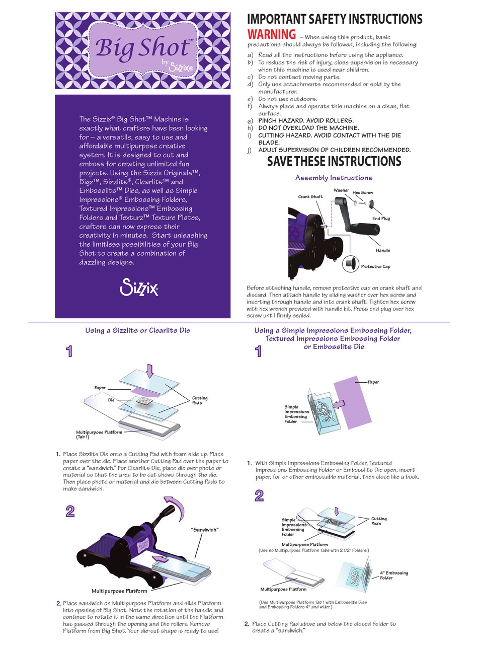 SIZZIX BIG SHOT QUICK START MANUAL Pdf Download ManualsLib
