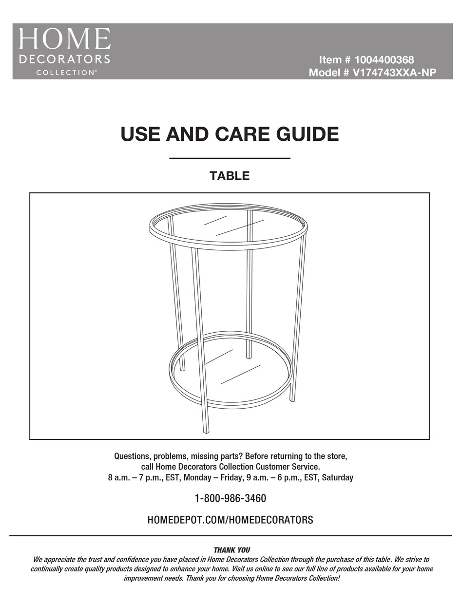 HOMEDEPOT HOME DECORATORS COLLECTION V174743XXANP USE AND CARE MANUAL