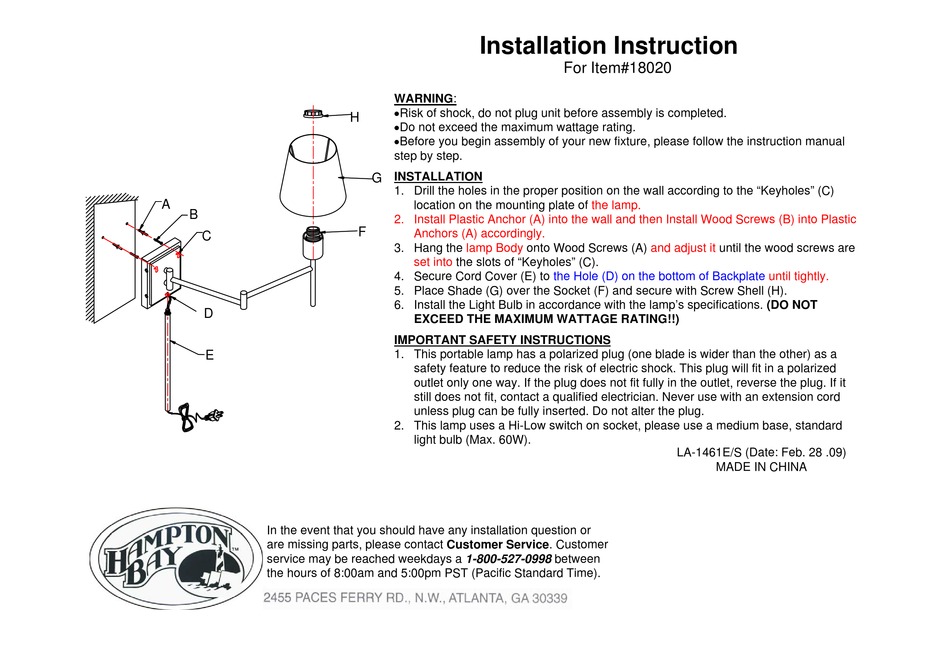 HAMPTON BAY 18020 INSTALLATION INSTRUCTION Pdf Download ManualsLib