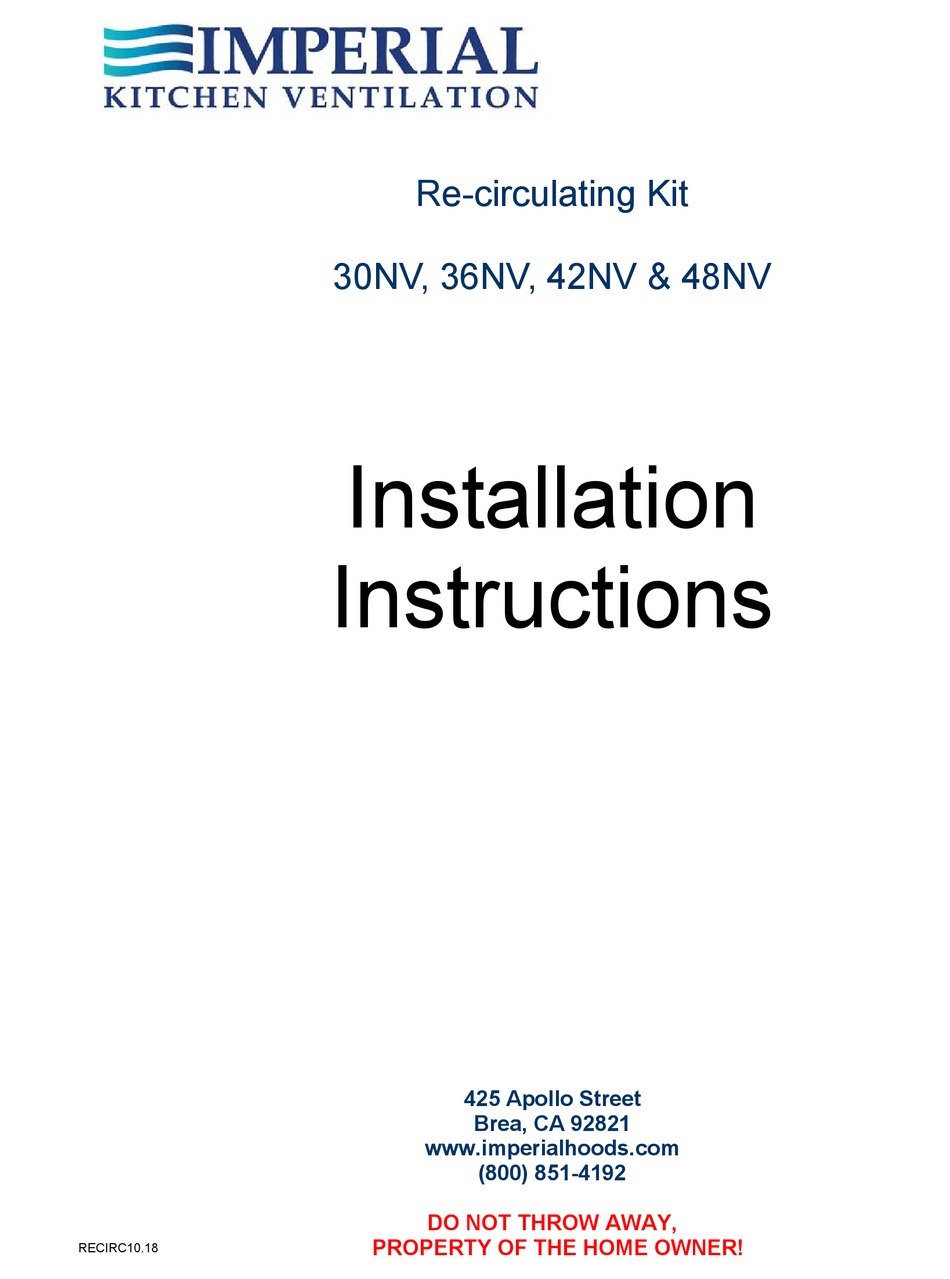 IMPERIAL KITCHEN VENTILATION 30NV INSTALLATION INSTRUCTIONS Pdf
