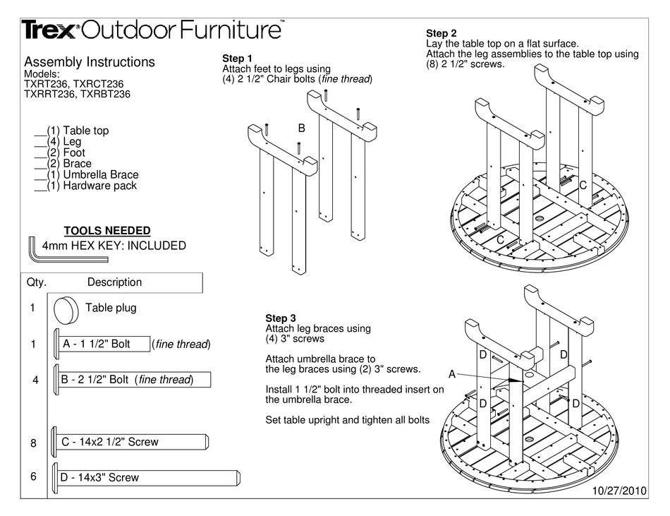 TREX OUTDOOR FURNITURE TXRT236 ASSEMBLY INSTRUCTIONS Pdf Download