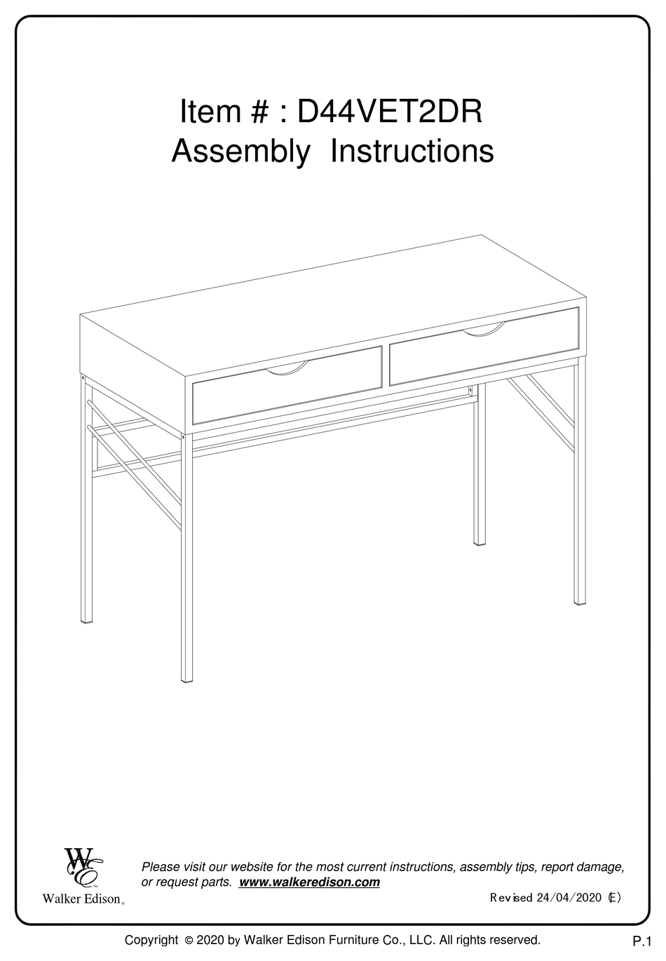 WALKER EDISON D44VET2DR ASSEMBLY INSTRUCTIONS MANUAL Pdf Download