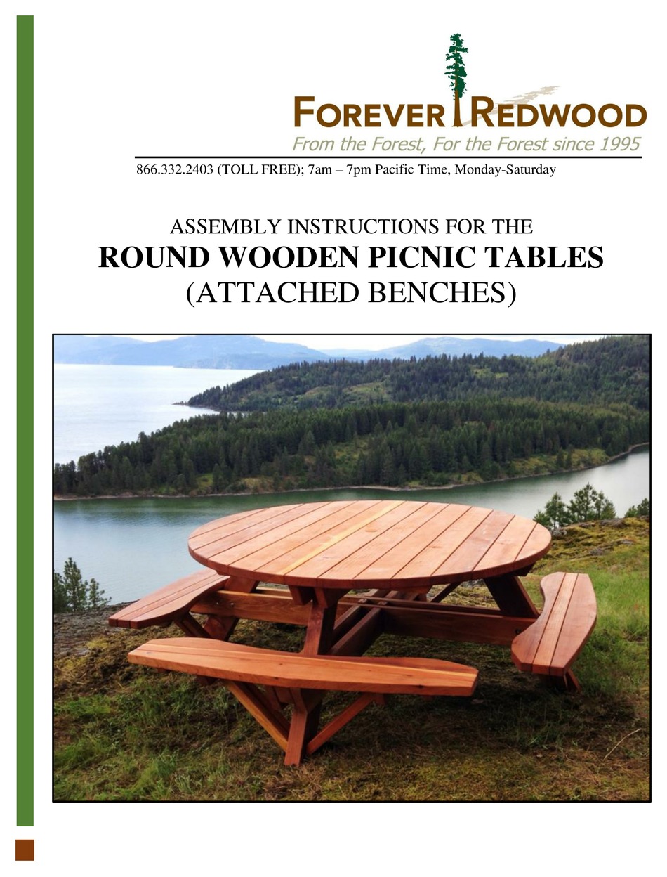 Forever Redwood Round Wooden Picnic Tables Assembly Instructions Manual