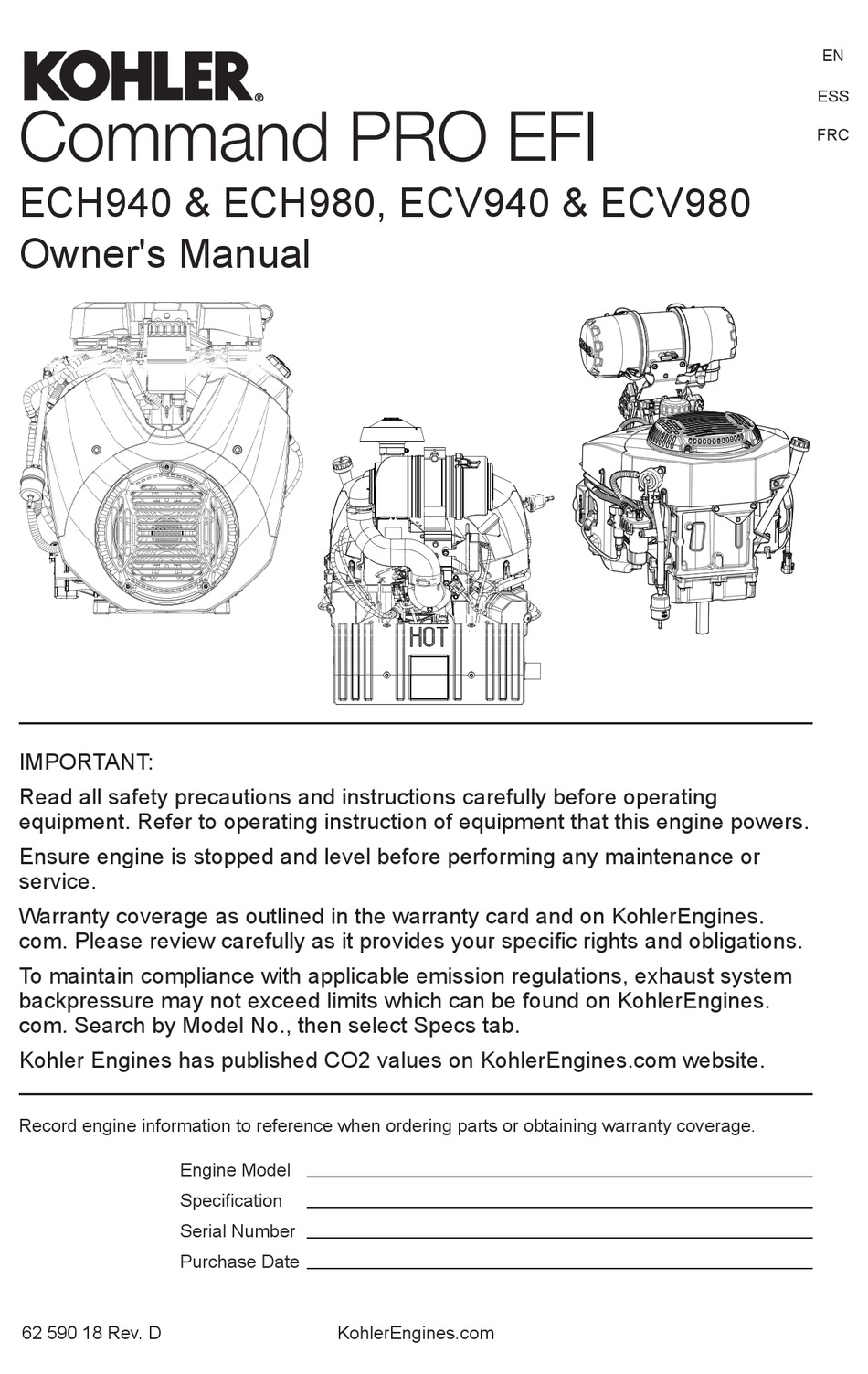 KOHLER COMMAND PRO EFI ECV940 OWNER