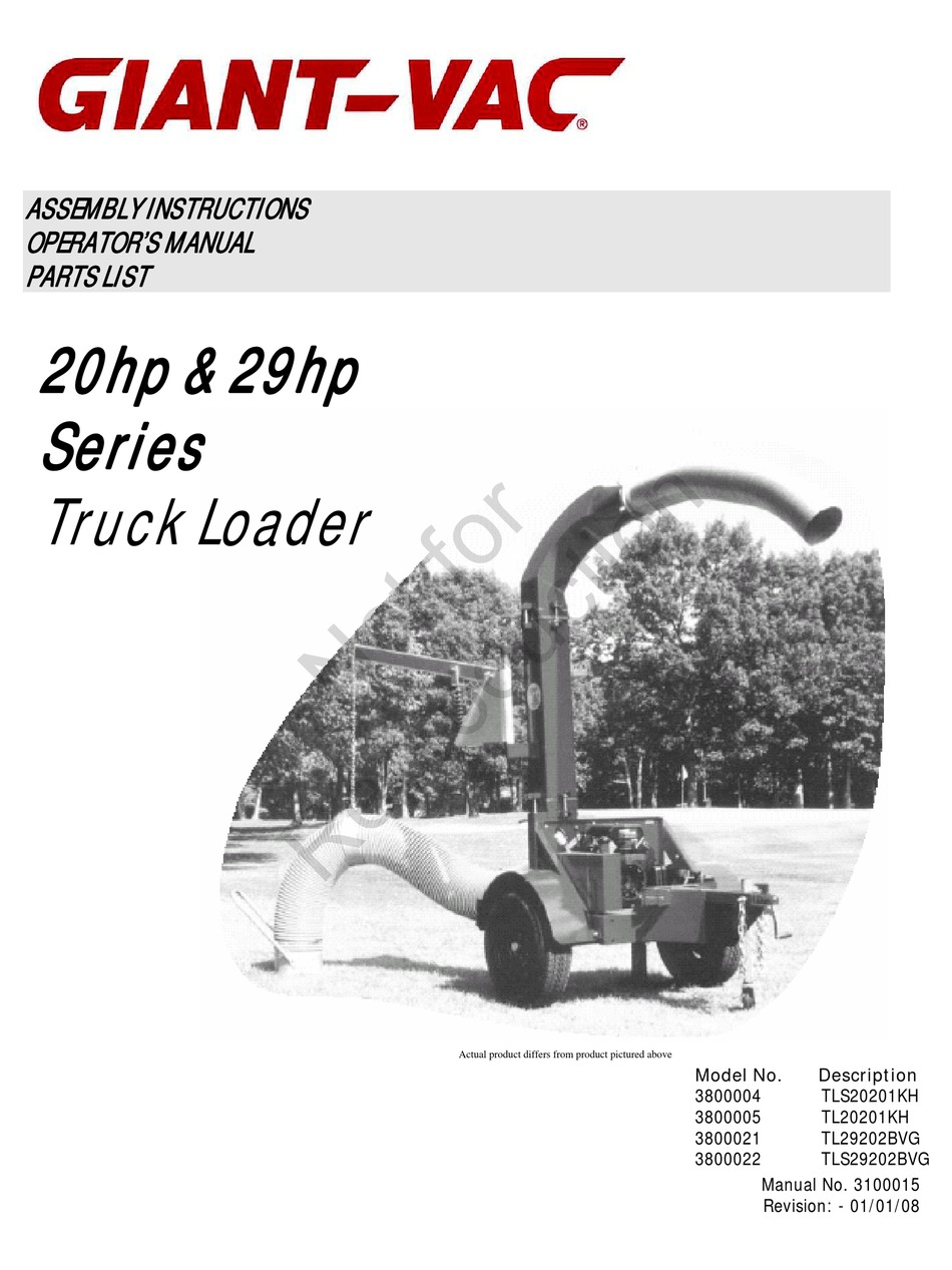 GIANTVAC 20HP SERIES ASSEMBLY INSTRUCTIONS OPERATOR'S MANUAL PARTS